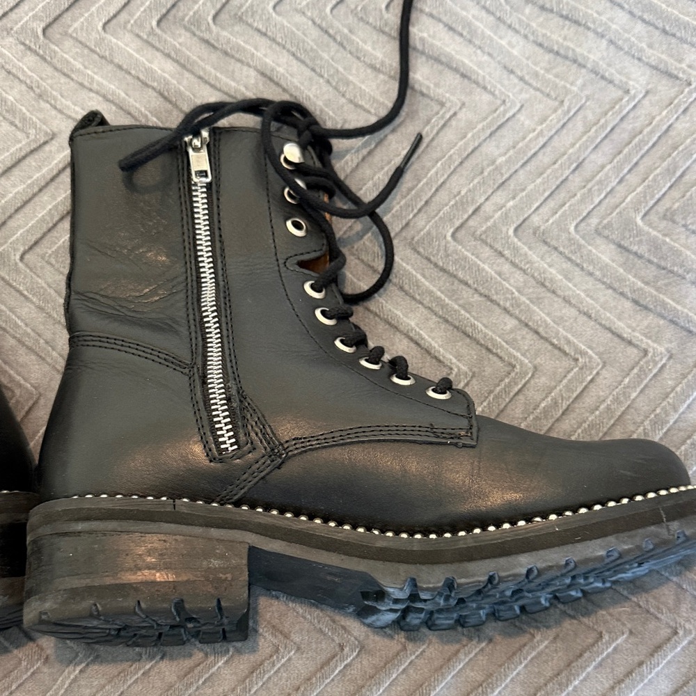 Aqua Black Leather Lace-Up Combat Boots - Picture 6 of 13
